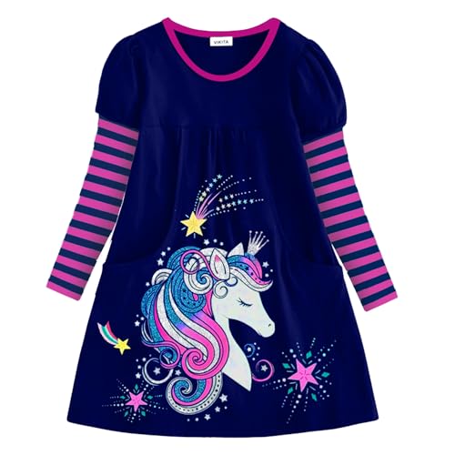 VIKITA Robes d'hiver à manches longues pour filles - Vêtements de fête décontractés pour filles de 3 à 12 ans, Bleu Rose, 5 ans
