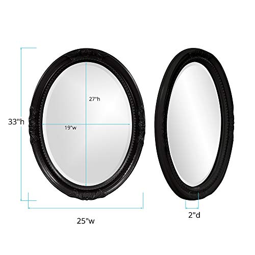 Image of Howard Elliott Queen Ann Oval Glossy Black Wall Mirror, Oval Bevelled Hanging Wood Framed Vanity Mirrors for Home Decor, Living Room, Bathroom, Bedroom, or Hallway, 25 x 33 Inch