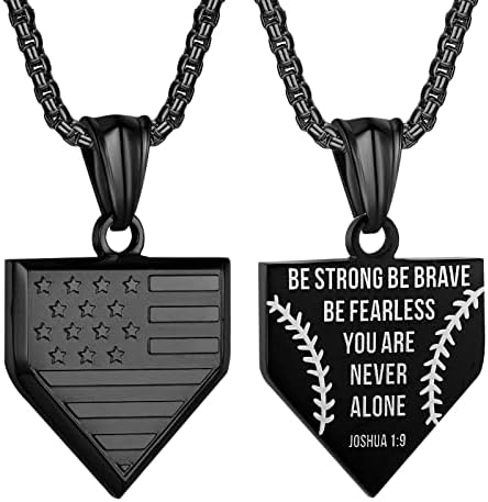 HattiDoris Baseball Home Plate Necklace for Men USA Flag Shield Pendant Stainless Steel Chain 22+2 inch Inspirational Patriotic Jewelry Personalized Baseball Gift for Boys（1-9 Black）