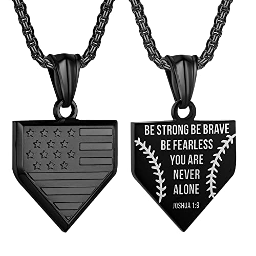 Hattidoris Baseball Home Plate Necklace For Men Usa Flag Shield Pendant Stainless Steel Chain 22+2 Inch Inspirational Patriotic Jewelry Personalized Baseball Gift For Boys（1-9 Black） #TOP3
