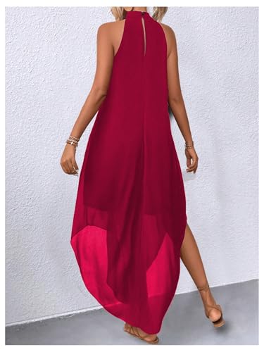 Image of Verdusa Women's Wedding Guest Dress Halter Flowy Chiffon Long Dresses | Cocktail Dress, Asymmetrical Dress for Women, Sleeveless, Prom Dress, Cruise Outfits, Boho