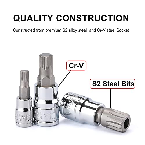 CASOMAN 10PCS 1/4-Inch, 3/8-Inch & 1/2-Inch Drive XZN Triple Square Spline Bit Socket Set, M4-M18, 12 Point Tamper Proof, Cr-V Sockets and S2 Steel Bits by CASOMAN - Image 4