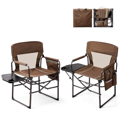 VINGLI Camping Chairs Directors Chair Camping Chair with Side Table & Carry BagHeavy Duty Camping Chairs for Adults Portable Folding Camping Chair 2 Pack for Beach Fishing Trip Picnic Lawn-Brown