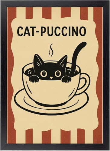 Cuadro de Gato Cappucino - Poster de Café Mascota Catpuccino con Marco Incluido de madera - Arte mural de animales decoración original graciosa - Lámina enmarcada Cat-Puccino (40x60cm, Negro)