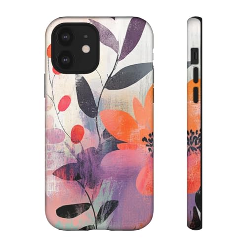 Coque iPhone 12 motif floral abstrait orange et protection rigide mate