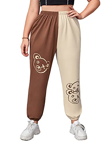 WDIRARA Women s Plus Size Bear Print Two Tone Sweatpants Elastic Waist Joggers Multicolored 2XL