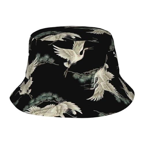 Yyoretp Sombrero de pescador con estampado de grúa y pino japonés, sombrero de pescador, plegable, protección solar para viajes, camping, color negro, Negro, Talla única