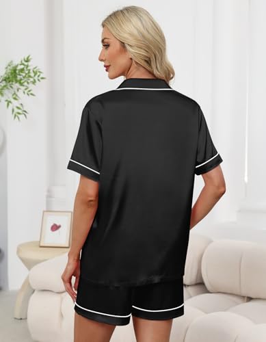 Image of Schbbbta Women Pajamas Set, 2 Pieces Satin Silk Button Down Pjs Short Sleeve Outfits Loungewear