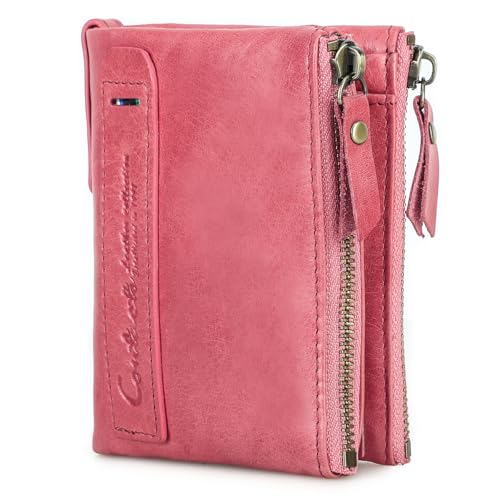 CONTACTS Soft Leather Wallet for Women Small Bifold Coin Purse Double Zipper Card Holder with RFID Blocking (Watermelon Red)