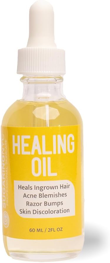 Healing Oil after Sugaring Heals Ingrown Hairs, Acne Blemishes. Razor Bumps and Skin Discoloration.