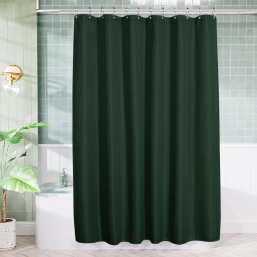 Image of AmazerBath Dark Green Shower Curtain Waffle Textured, Deep Green Shower Curtain Fabric Thick Heavy Duty 240GSM, Hotel Quality Bathroom Shower Curtains, Premium Polyester, 72 x 72 Inches