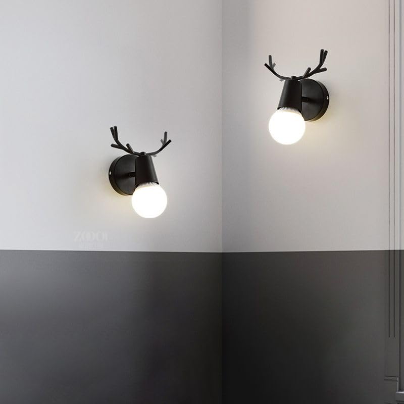 Image of LITFAD Minimalist Wall Sconce Deer Horn Shape Wall Light Modern Wall Mounted Lamps Single Light Exposed Bulb Design Wall Lighting Fixtures for for Hallway, Bedroom, Living Room, Bathroom,Black