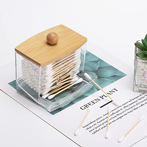 Image of Tbestmax 2 Pack 10oz Qtip Holder Dispenser with Bamboo Lids, Big Clear Bathroom Organizer Accessories Decor for Storage-Qtips Cotton Ball Holder Apothecary Jars, Cotton Swabs, Floss Container