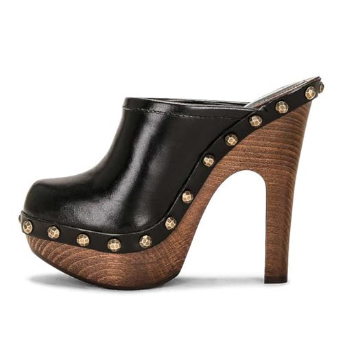 FSJ Women Closed Round Toe Mules Wooden Block High Heel Clogs Slip On Studded Platform Sandals Vintage Dress Slide Shoes Size 4-16 US2