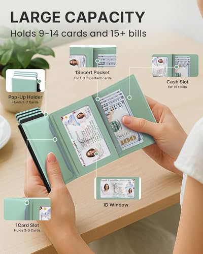 Image of typecase Womens Wallet Card Holder: Pop Up Card Case, Genuine Leather, RFID Blocking, Slim, Minimalist, Thin, Small Size - 9-14 Card Capacity, ID Window, Cash Pocket (Sage Green)