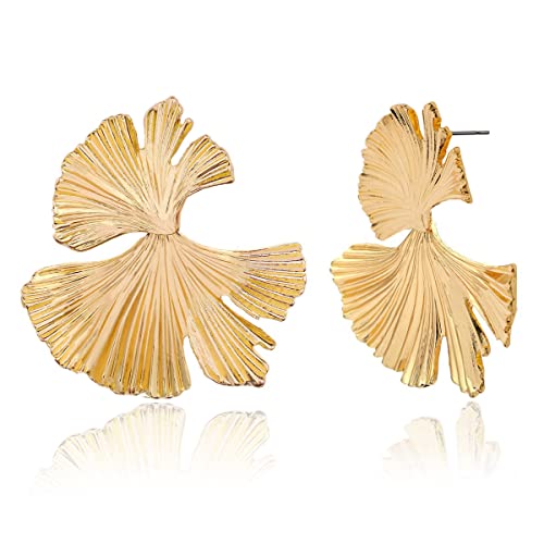 LOKLIFFAI Ginkgo Leaf Flower Earrings, Gold Geometric Statement Earring for Women Girls, 14K Gold Plated Fashion Design Big Irregular Shape Boho Bohemian Drop Dangle Earrings Jewelry Gift