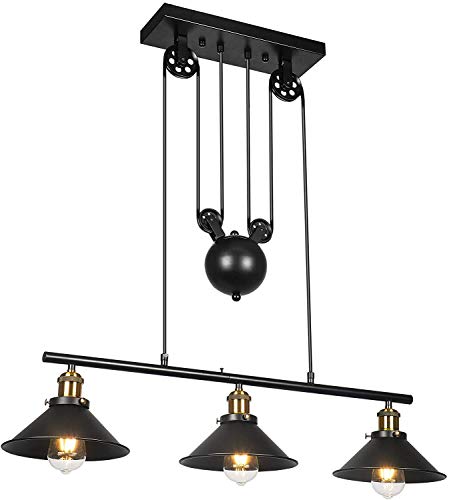 Poulie suspension lumière à hauteur réglable avec trois abat-jours rustiques noirs