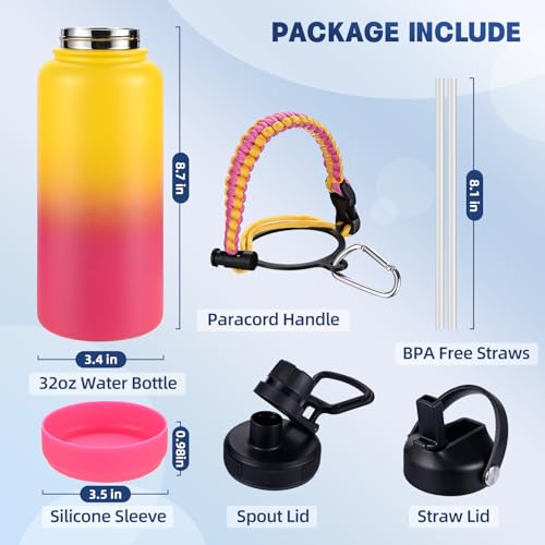 Image of Insulated Water Bottle, 32 oz Stainless Steel Wide Mouth Water Bottles with 2 Leak Proof Lid and Paracord Handle, Double Wall Vacuum Insulated Sports Water Bottle, Yellow Pink