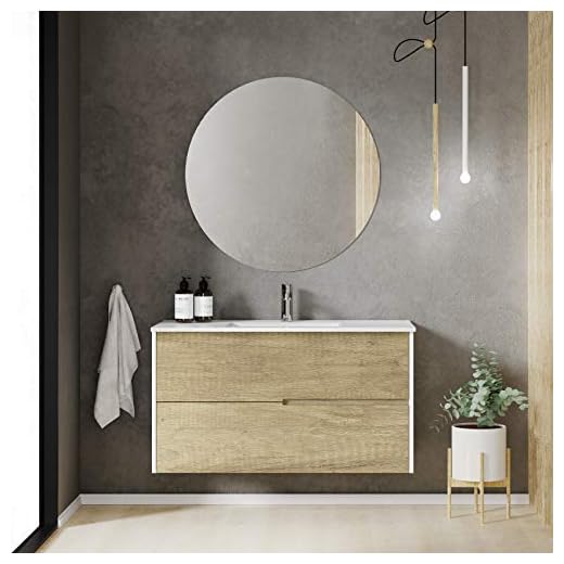 Baikal Mueble de baño Gavin, 2 cajones, suspendido en Pared. Incluye Lavabo cerámico. Varios Acabados. Se Entrega Montado. con Espejo 100 cm Nature