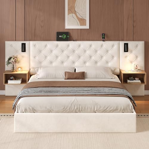Merax 5ft King Size Ottoman Bed Frame, Upholstered Bed with Wide Headboard, Velvet Hydraulic Storage Bed with Charging Station, Reading Light & Bedside Storage, Beige/150x200 cm (No Mattress)