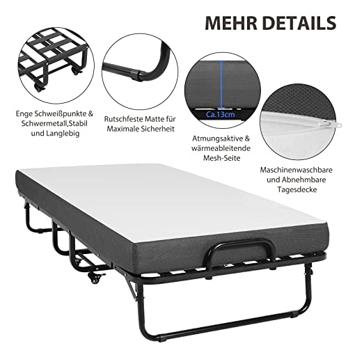 DICTAC Klappbett 90x200cm Erwachsene mit ca.13CM Matratze aus Gedächtnisschaum Gästebett Klappbar Metallrahmen Klappbetten mit Rollen Reisebett Faltbares Metallbett Stabil bis 200 kg belastbar