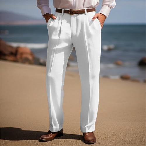 Mens Cotton Linen Trouser Classic Fit Pleat Front Straight Leg Regular Fit Pants Summer Casual Big & Tall Solid Slacks3