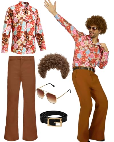 70s Disco Outfits for Men 70s Retro Clothes Shirt Bell Bottom Pants Vintage Hip Hop Costume with Wig Accessories Orange M