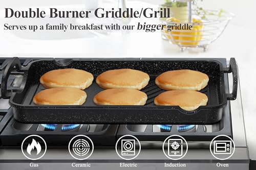 Bazova Nonstick Stove Top Griddle/Grill,16.5"x12.0" Double Burner Granite Griddle Pan,Cast Alumunim Induction Breakfast Maker,Flat Top Grilling Plate for Gas Grill,Camping/BBQ, Oven & Dishwasher Safe