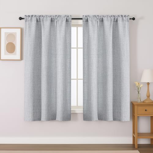 Gwine Gray Curtains 45 Inch Length for Living Room, Light Filtering Faux Linen Textured Textured Soft Short Window Curtain, Farmhouse Rod Pocket Small Drapes for Bedroom, 30Wx45L inch, 2PCS