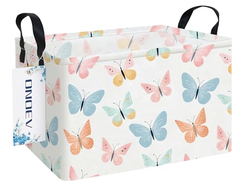 Image of Rectangular Folding Laundry Basket,Waterproof Canvas Basket,Gift Basket,Suitable for Children's Room,Office,Clothes,Toys Storage(Colorful butterfly)