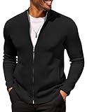 COOFANDY Mens Cardigan Sweater Full Zip Up Stand Collar Knitted Pullover Business Dress Vintage Striped Long Sleeve Sweaters Black S-3XL