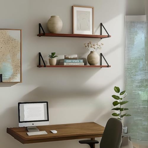 Image of Amazon Brand - Solimo Bookshelf for Wall with Metal Brackets | Home Decorative Wall Shelf | Wall Hanging Shelf for Books, Living Room, Bedroom, Study Room | Coachwood Yellow | Pack of 2 | 60 x 20 CM