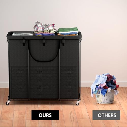 YKDIRECT 320L großer Wäschekorb, Wäschekorb Kleiderkorb, Metallrahmen und abnehmbare Taschen Design mit Rädern, geeignet für Schlafzimmer, Bad, Schlafsaal, Waschküche (Schwarz)