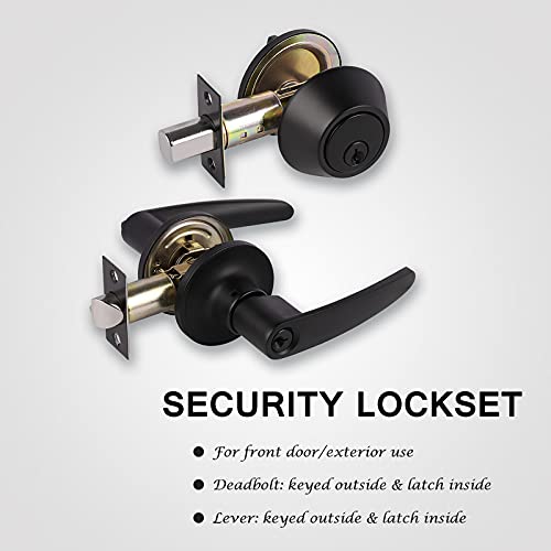 Knobwell 3 Pack Entrance Lever Door Handle Exterior Door Handle Single Cylinder Deadbolt Set Of 3, All Keyed Alike Locking Door Lever (For Office And Front Door), Matte Black #TOP2