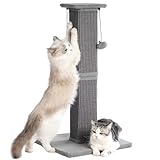 Pawfessor Large Cat Scratching Post with Heavy Duty Base 33" Sturdy Square Sisal Scracher Post and 2 Interactive Hanging Balls for Big Cats-Grey