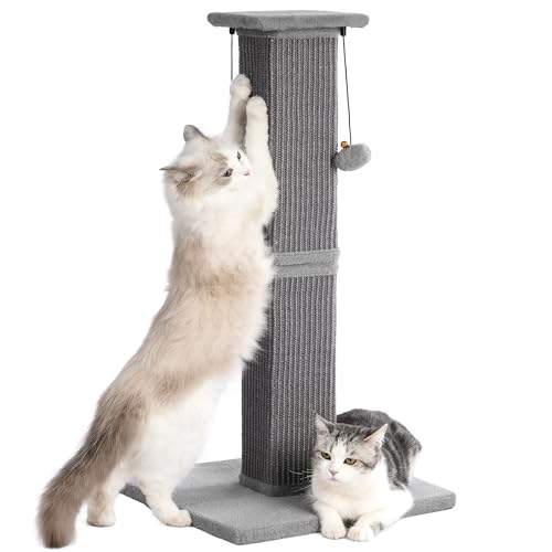 Pawfessor Large Cat Scratching Post with Heavy Duty Base 33" Sturdy Square Sisal Scracher Post and 2 Interactive Hanging Balls for Big Cats-Grey