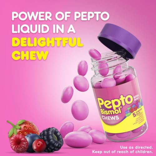Image of Pepto Bismol Chews, Fast and Effective Digestive Relief from Nausea, Heartburn, Indigestion, Upset Stomach, Diarrhea, Berry Mint Flavor, 24 Count,(Pack of 6)