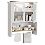 Fluted Bathroom Cabinet Wall Mounted with Towel Bar, Hanging Medicine Cabinet Organizer for Bathroom Storage w/ Motion Sensor LED Light, White Over Toilet Storage Cabinet w/ 2 Door, Adjustable Shelf