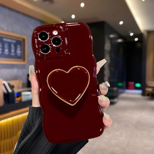 Cute Case for iPhone 16 Pro Max 6.9'', Wine Red Soft TPU Shape Shockproof Protective Cover with Stand, Luxury Bumper Wave Frame Curly Shape Love Heart Holder Kickstand Phone Case for Girls Women by Sutpstmt - Used condition - Image 5