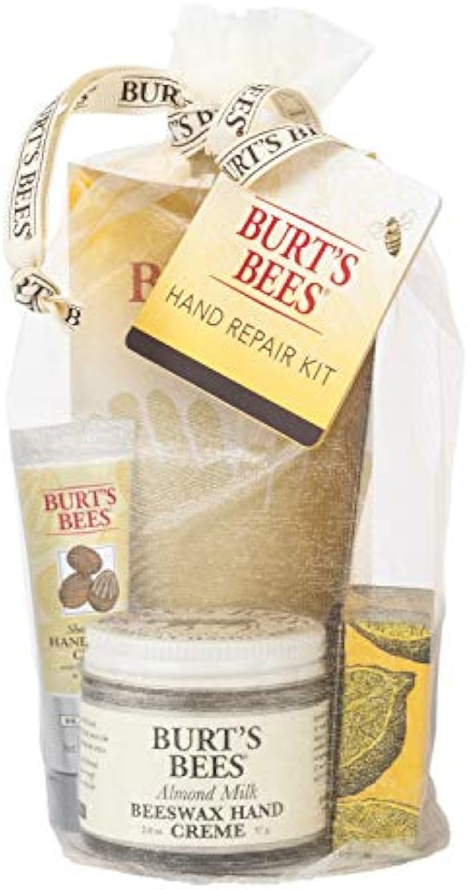 Burt's Bees Easter Basket Stuffers Gifts, 3 Hand Care Products, Hand Repair Set - Almond and Milk Cream, Lemon Butter Cuticle Cream & Shea Butter Cream, with gloves
