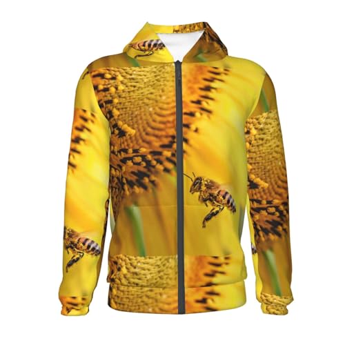 Honey Bee Pollinating Sunflower Kids Pullover Hoodies Boys Zip Up Sweatshirts Girls Athletic Clothes with Pocket2
