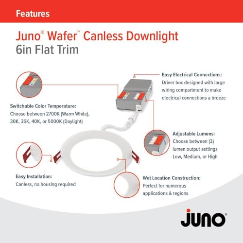 Juno LED Recessed Lights 6 Inch Round Baffle Wafer Downlight, 5-in-1 Switchable White Color Temperature, Adjustable Brightness, 120 Volts, 6-Inch Flat Trim, 1 Pack, Matte White by Juno - Used condition - Image 3