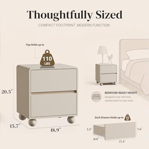 Image of Furniway Beige Nightstand Set of 2, Modern 2 Drawer Bedside Table with Curved Profile Design and Handle-Free Drawers, Modern End Table with Storage for Bedroom