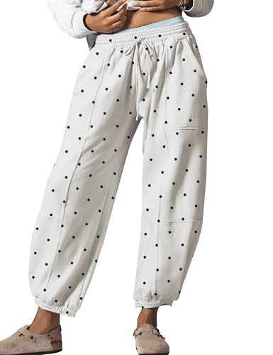 Anoumcy Womens Polka Dot Sweatpants Casual Joggers Pant Trousers Drawstring Waist Lounge Pants with Pockets White M