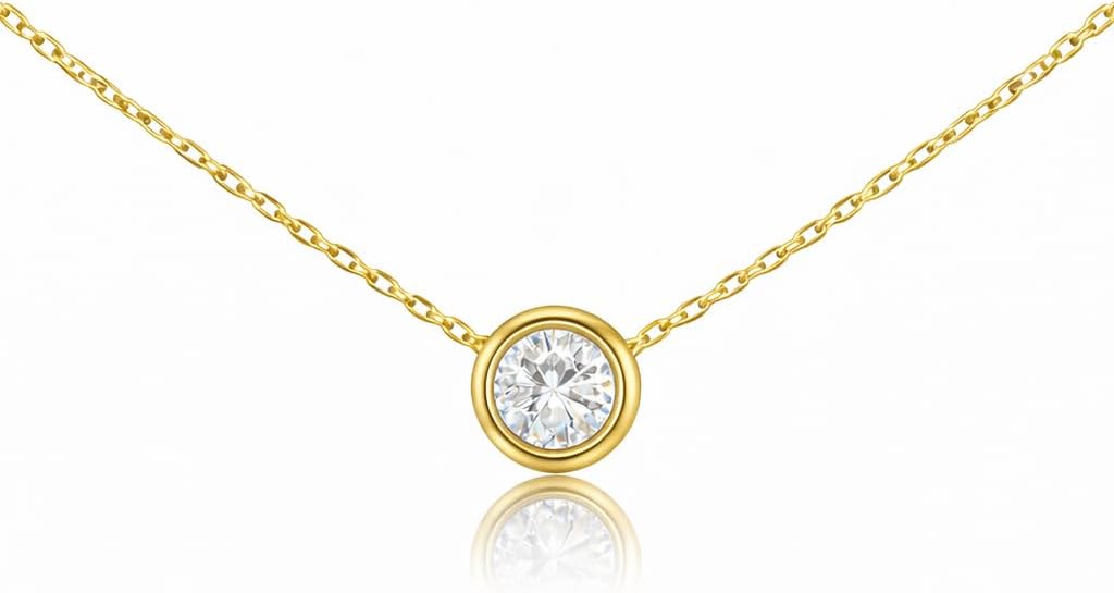 Hoops & Loops 925 Sterling Silver Cubic Zirconia Bezel-Set Solitaire Tiny Choker Necklace for Women, Silver, Yellow Gold, Rose Gold