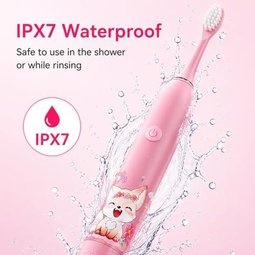 Image of Sonic Electric Toothbrush for Kids with 6 Modes, 4 Brush Heads & Rechargeable Battery, Ultra Soft Nylon Bristles, IPX7 Waterproof, Electric Power Tooth brush (Pink)