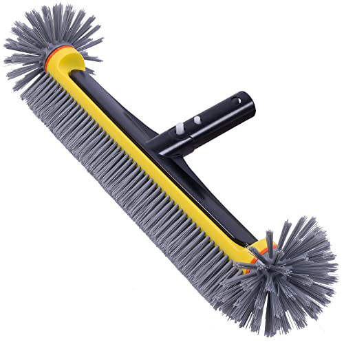 POOLAZA Pool Brush Head with Round Ends, Heavy Duty Pool Brushes for Cleaning Pool Walls, Floors Steps & Corners, 17.5" Pool Brush with Sturdy Aluminum Handle & Durable Nylon Bristles (Yello