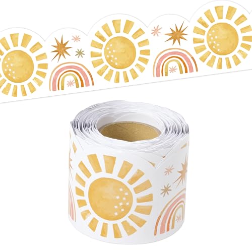 BeYumi Boho Sun Border Trim - 65ft Back to School Boho Sun Scalloped Rolled Border Trim Pastel Watercolor Bulletin Board Set Classroom Office Chalkboard Kindergarten Elementary Home Party Decoration