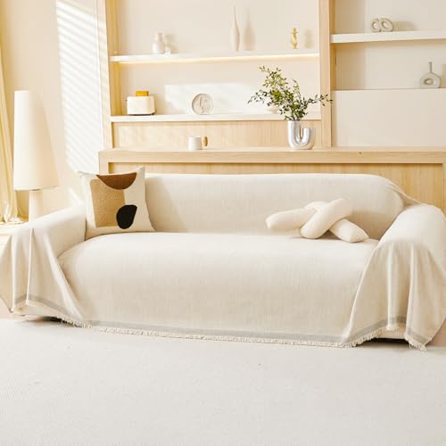 VANJOROY 100% Chenille Natural Sofa Large Throw Blanket For 2 3 Seater -Extra Large Throws for Settees, Luxury Soft Sofa Cover Slipcover Throw for Chair Couch and Bed, Cream Beige-180 x 230cm