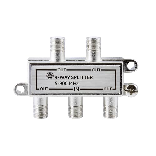 GE 4-Way Coaxial Cable Splitter, 5-900 MHZ Range, RG59 RG6 Coax Compatible, Audio, Video, Works with